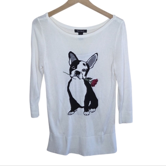 WHBM | French Bulldog with Rose Graphic 3/4 Sleeve Sweater Size Small - Picture 1 of 8